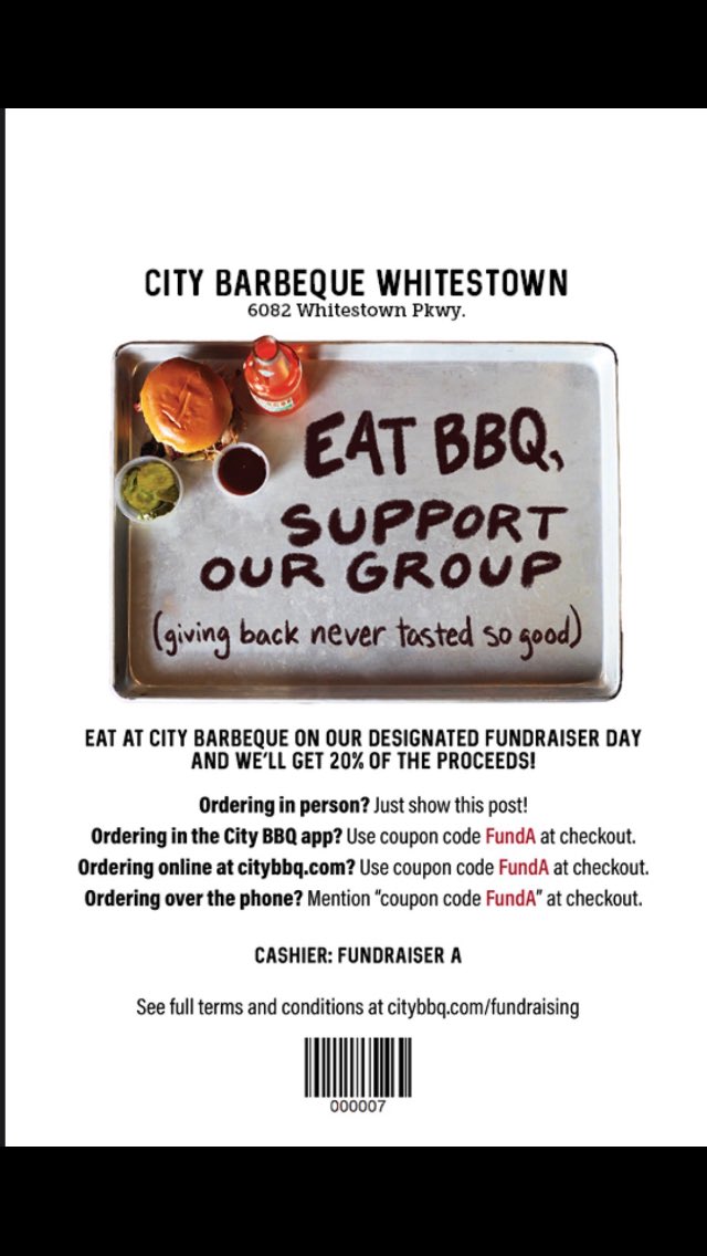 Our first PTO Dine for Dollars is today at City BBQ! If dining in person, show the flyer on your phone! For online orders, apply code FundA prior to checkout!
