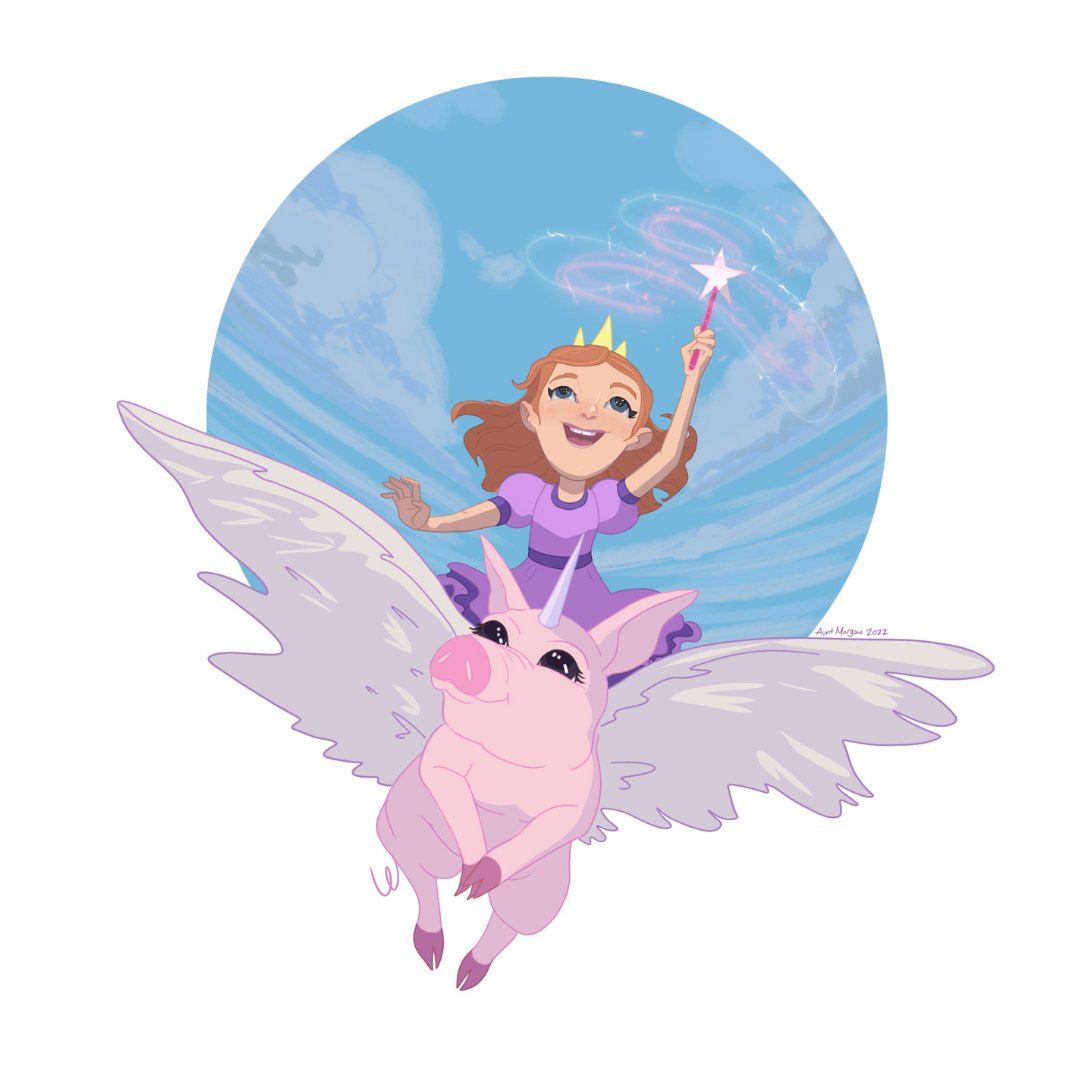 MorganMcDesign's tweet photo. Recently my niece turned 4. I asked her what her favorite animals are and she said unicorns and pigs. Oh and she also loves princesses. So here she is my magical niece,  riding on a unicorn pig. 
#princess #unicorn #pig #unipig #piggycorn https://t.co/KFALPsOFJY