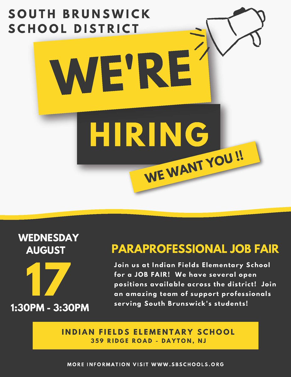 Today is the Day!! South Brunswick School District will be hosting a Paraprofessional Job Fair from 1:30 p.m. to 3:30 p.m.at Indian Fields Elementary School, 359 Ridge Road, Dayton, NJ.  We hope to see you there!#sbpdchat <a href="/SSfeder/">欧洲杯开云体育亚博体育华体会爱游戏乐鱼体育百家乐pc28时时彩广发体育星空体育米兰体育</a> <a href="/kmaloywhite/">Kim White</a> <a href="/SuzanneLuckBorn/">Suzanne Luck-Born</a>