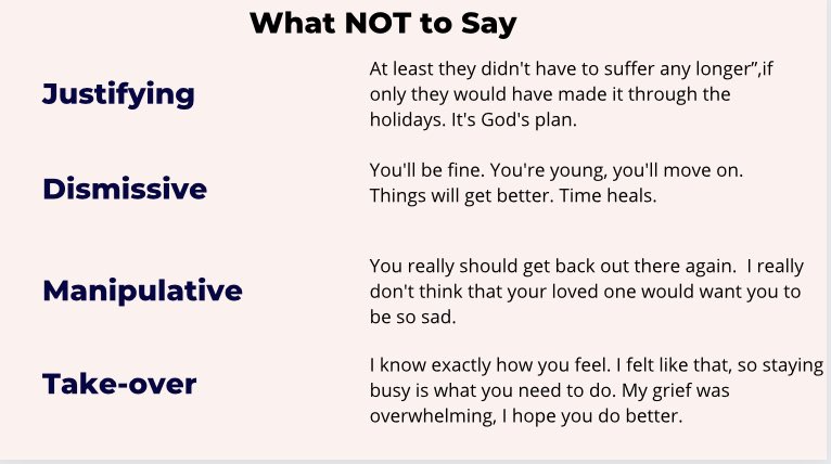 kathi_balasek's tweet photo. 4 categories of 

What NOT to say

To a grieving person

#griefliteracy #fintwit #client https://t.co/uGc4SnomTU