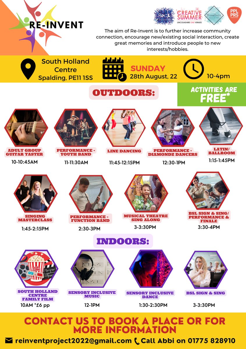 FREE* activities for all ages on SUN 28 AUG at the <a href="/SHCentre/">South Holland Centre</a>!
Check out the attached picture to see what is happening &amp; when.
#LincsConnect #WhatsOnLincs