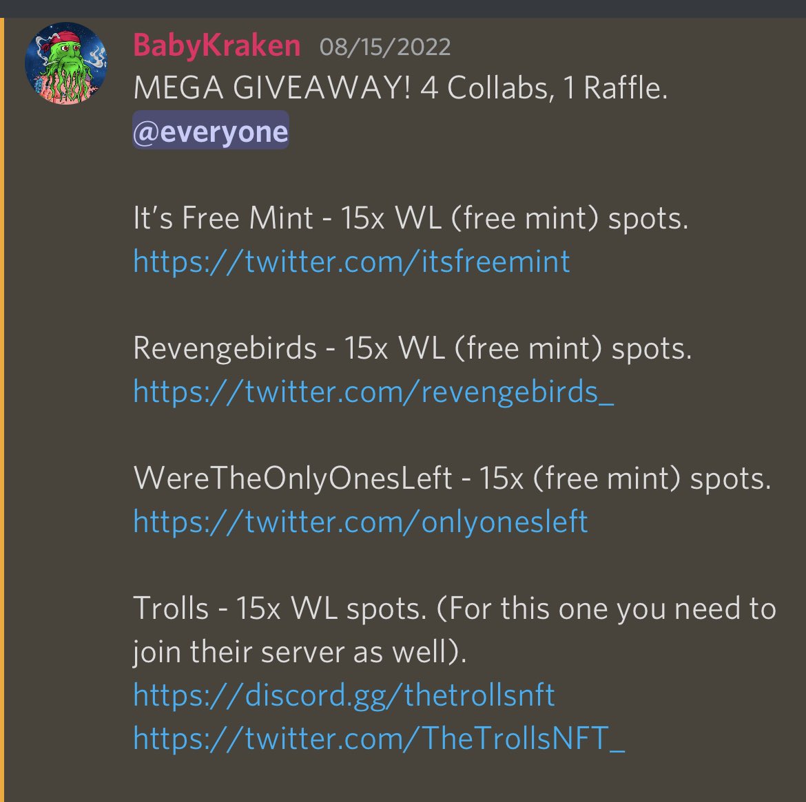 Wow 6 giveaways!!! I won em all thank you <a href="/CryptoKrakensCB/">CryptoKrakens Club</a> u can all can win giveaways like these join us today!! 

discord.gg/QZSfEAfseS