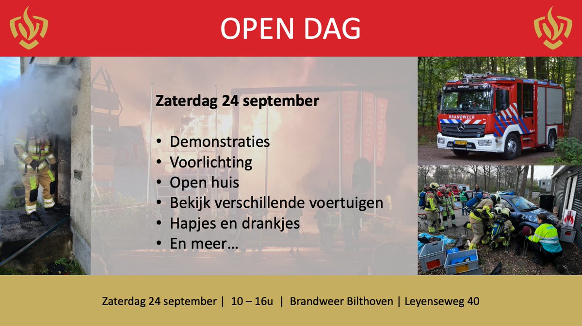 ~Open Dag 2022~

Zaterdag 24 september 
10.00 - 16.00
Leyenseweg 40, Bilthoven

Volg voor laatste info onze social media-kanalen!

facebook.com/10006886604383…

#OpenDag #Brandweer #Bilthoven #Demonstraties #Voorlichting