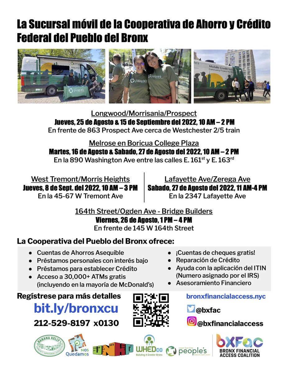 Catch the Mobile Branch of the Bronx People's Federal Credit Union near you this August!

Find us in Longwood/Morrisania, Melrose and at Bridge Builders at E 164th St!

Sign up for more information at bit.ly/bronxcu, or call 212-529-8197 x 0130.