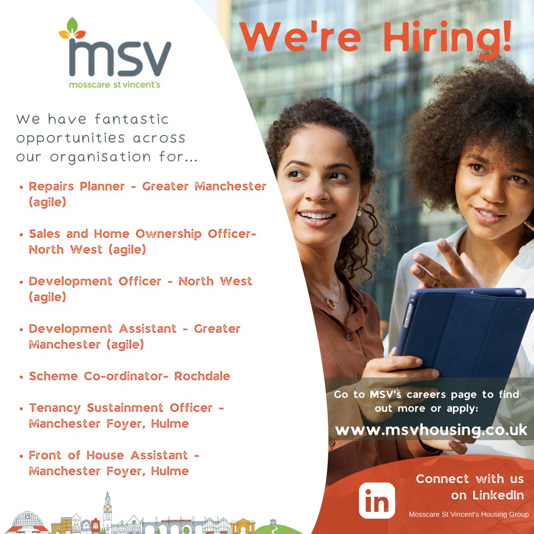 MSVHousing's tweet photo. We have a number of fantastic jobs available across MSV ⭐️
Check out our careers page for August closing dates here: https://t.co/O6nvL2DxS3 https://t.co/MSvNeJROso