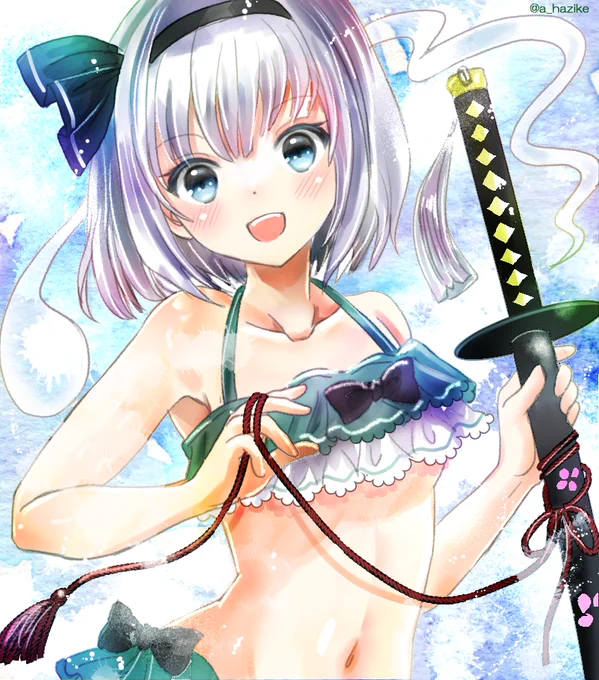#東方の90分お絵描き   妖夢ちゃん描きました!水着と刀の組み合わせで描きたかった……(+8分) 