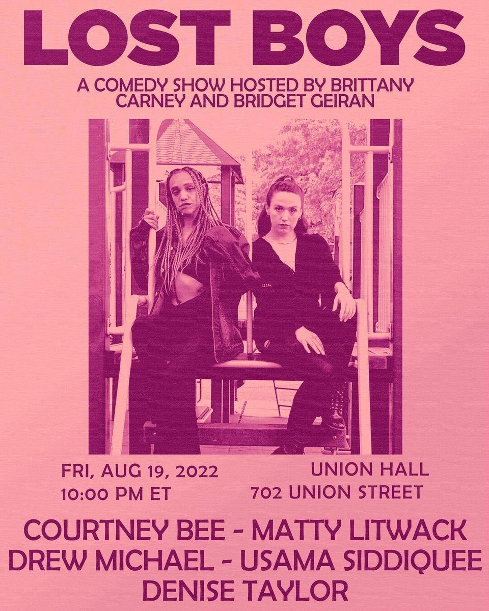 UnionHallNY's tweet photo. FRI 8/19: Lost Boys: A Comedy Show hosted by Brittany Carney and Bridget Geiran!
Featuring:
β @MyLifeIsAJokeTV
β #DrewMichael
β @matty_litwack
β @UsamaStandsUp
β @denidenitaytay
Tickets & Details: https://t.co/tHrBPClPmc https://t.co/GA3fz2vkTi