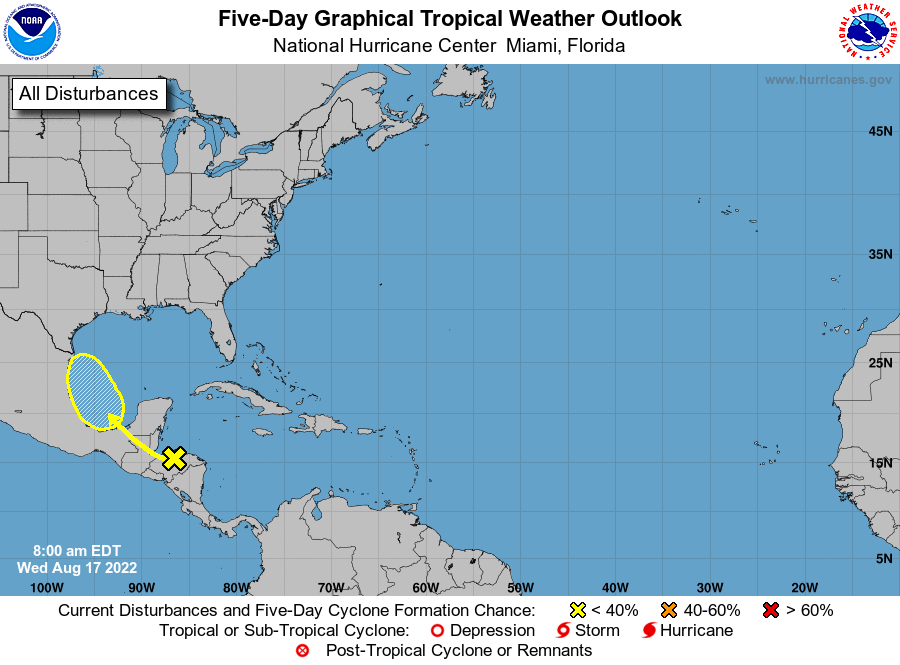 NHC_Atlantic's tweet photo. 8 am EDT Aug 17: A tropical wave over Honduras and the NW Caribbean Sea is forecast to emerge over the Bay of Campeche on Friday.  Some gradual development of this system is possible while it moves northwestward over the SW Gulf of Mexico this weekend. https://t.co/zgHl1xGAVL https://t.co/CpEztUThUe