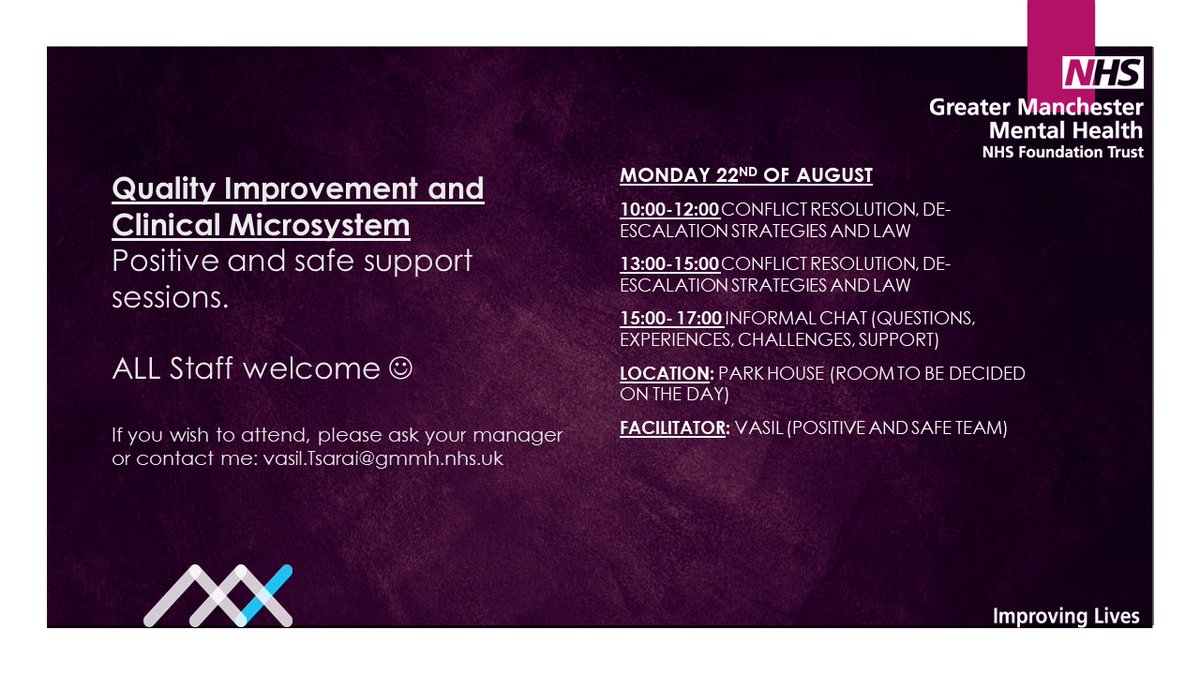 I will be visiting park house on Monday the 22nd of August to deliver a few sessions as part of Positive and Safe support for QI and Clinical Microsystem. Any staff who think this might be beneficial feel free to join 🙂 <a href="/GmmhPMVA/">GMMH_PMVA</a>
