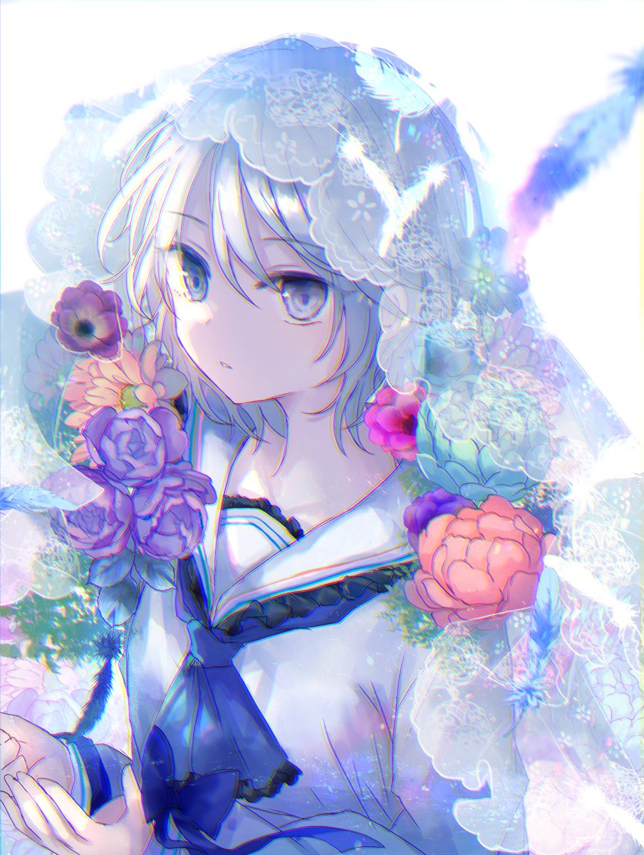 anastasia (idolmaster) 1girl solo veil flower short hair grey hair blue eyes  illustration images