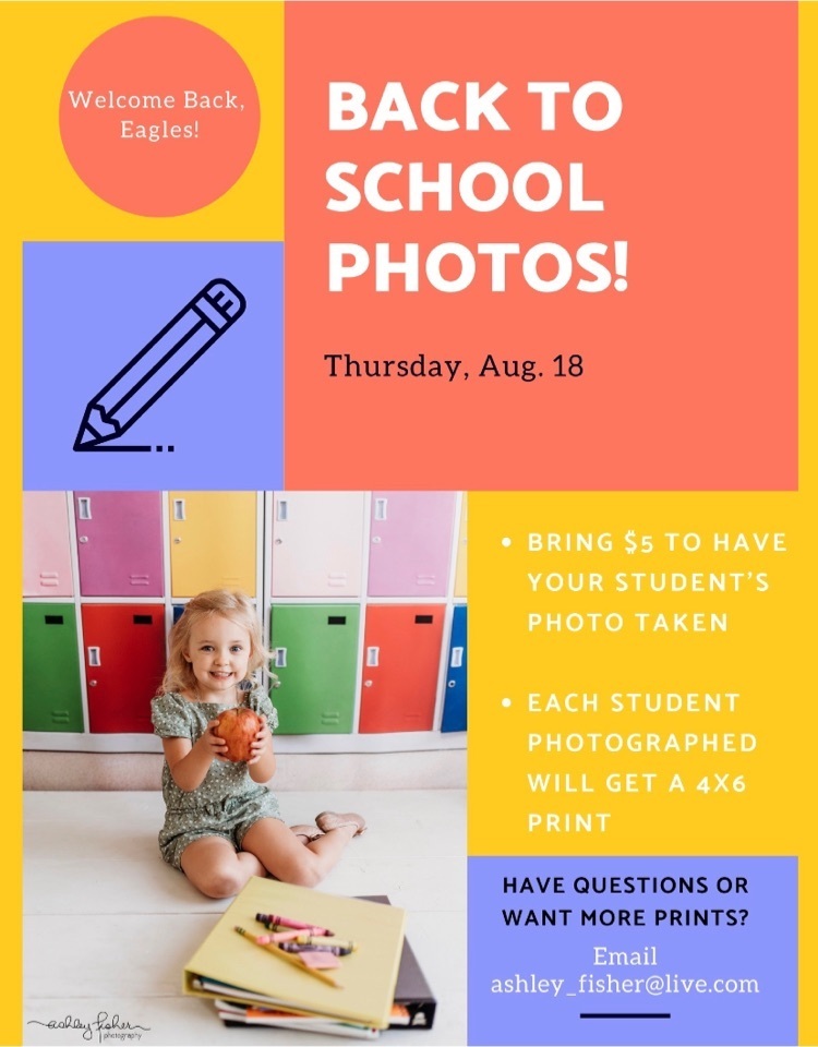 Back to School photos are tomorrow! 😁Those interested in having their student’s picture taken should send $5 (cash only please) with their student tomorrow morning. Each student photographed will get a 4x6 print sent home in the coming weeks. Don’t miss out!🦅📚🍎