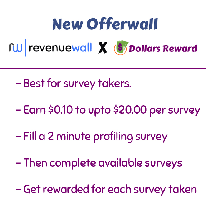 DollarsReward's tweet photo. New OfferWall! Improved and Updated #revenuewall have been integrated at #dollarsreward

Best for survey takers, they have surveys ranging from $0.10 to upto $20.00, just tell a little bit about yourself and get surveys matching your profile.

Must give them a try. https://t.co/7neXMOJSOL