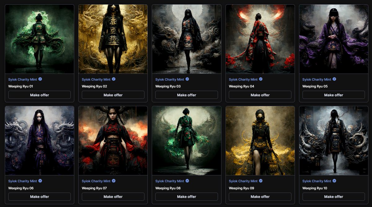 SyiokCnft's tweet photo. 🔥"Weeping Ryu" auction is now LIVE 🔥 

▶️https://t.co/LTDKxHyTue
▶️Starting offer price = 10 ADA
▶️End Aug 19, 1500 UTC. 

Any unsold by then will be listed for sale at 10 ADA each. 
Timer: https://t.co/Fv8ywrAlPv
Thanks for supporting my charity mint! Good luck!☮️😀

#CNFTs https://t.co/IDhsQfbdTO