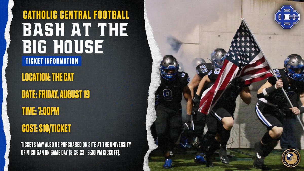 GRCC_CougarsFB's tweet photo. Bash at the Big House 🎟 Information 

Your Cougars kick off the 2022 🏈 season against the Port Huron Big Reds at the University of Michigan. Game day is next Friday, August 26th with a 3:30pm kick off time!

Need tickets? Get them this Friday! https://t.co/VHjH3ZBGun