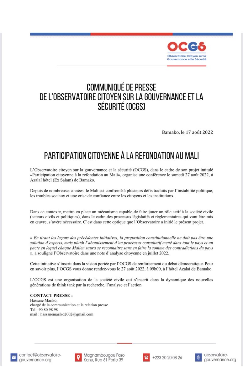 #Mali Communiqué de presse. 
#OCGS