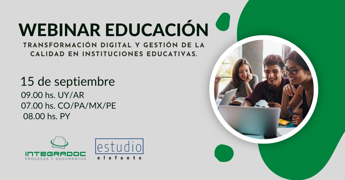 INTEGRADOC (@integradoc) on Twitter photo El próximo 15/09 presentaremos un nuevo Webinar, junto a Estudio Elefante, organización colombiana dedicada a la mejora educativa. El foco será: la transformación digital y gestión de la calidad en Instituciones Educativas. 
Ya puedes registrarte aquí: bit.ly/3AssVFv El próximo 15/09 presentaremos un nuevo Webinar, junto a Estudio Elefante, organización colombiana dedicada a la mejora educativa. El foco será: la transformación digital y gestión de la calidad en Instituciones Educativas. 
Ya puedes registrarte aquí: bit.ly/3AssVFv