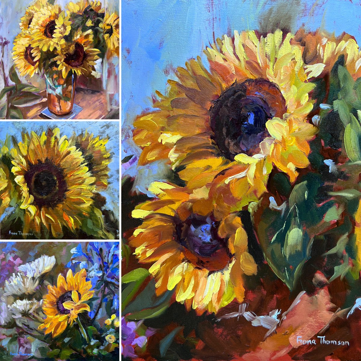 All four of my recent Sunflower paintings from the small single-head study to the full vase of blooms!

#oilpainter #oilpainting #artist #sunflower #sunshine #contemporarypainter #contemporaryartist #scottishartist #artgallery #gallerypainting #flowerpainting #flowers