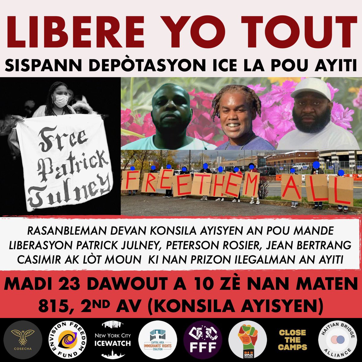 CosechaMovement's tweet photo. 🗓Save the date! Next Tuesday, August 23 @ 10 am we’ll be rallying with families & community from NJ & NY to demand the freedom of those detained illegally at the National Penitentiary in Haiti.
#FreemThemAll #BlackLivesMatter
#FreePatrickJ #ChingaLaMigra https://t.co/qzufvE3jCv