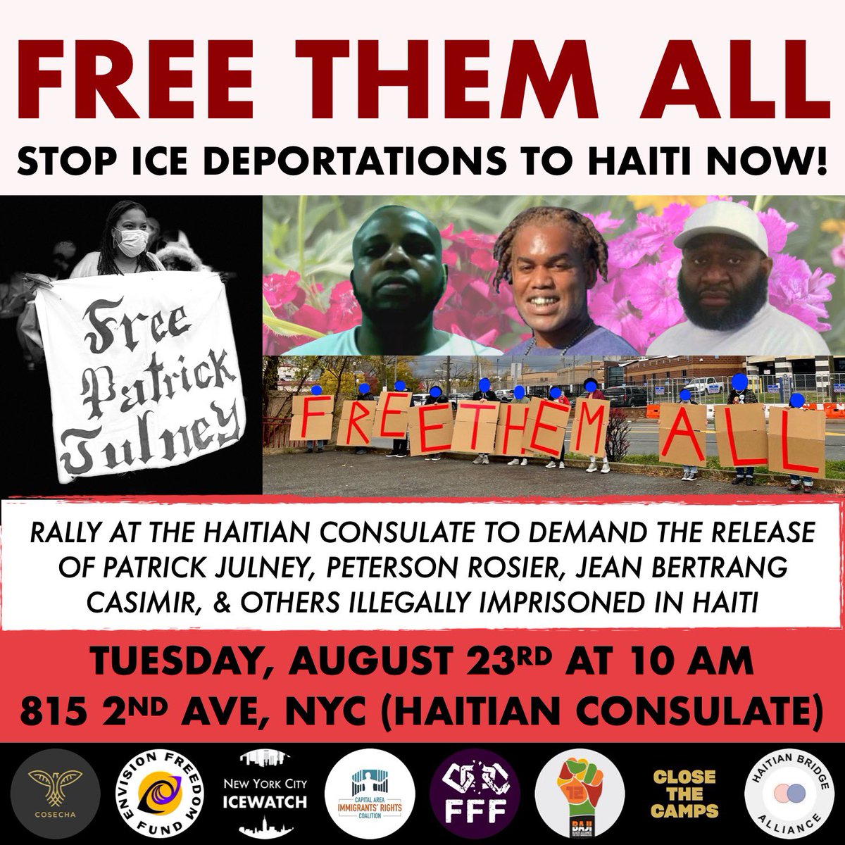 CosechaMovement's tweet photo. 🗓Save the date! Next Tuesday, August 23 @ 10 am we’ll be rallying with families & community from NJ & NY to demand the freedom of those detained illegally at the National Penitentiary in Haiti.
#FreemThemAll #BlackLivesMatter
#FreePatrickJ #ChingaLaMigra https://t.co/qzufvE3jCv