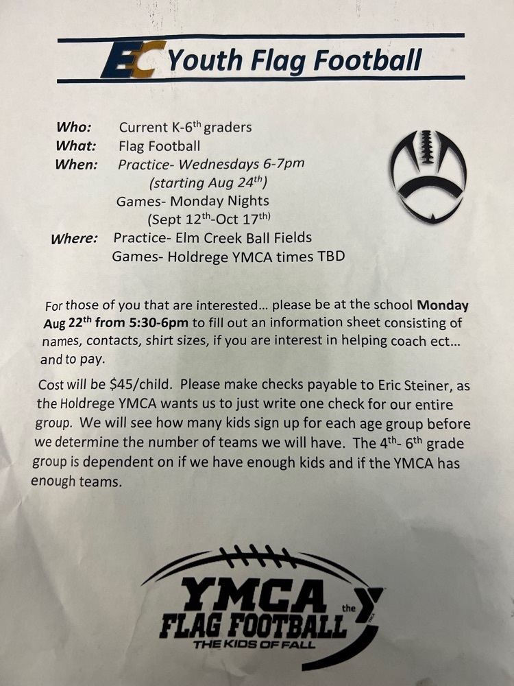ElmCreekBuffs's tweet photo. Youth flag football for students in grades K-6! If you have a student that is interested in signing up, please attend a quick meeting at the Elm Creek School on Monday, August 22nd from 5:30-6:00pm! $45/child. https://t.co/h296FgPDWg