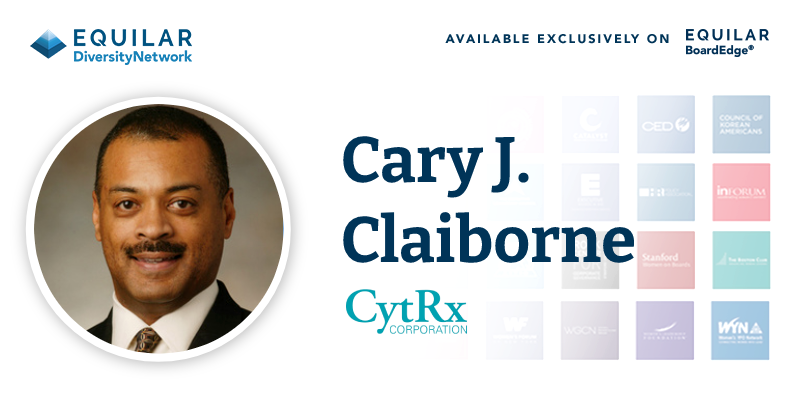 equilarinc's tweet photo. Congratulations to #EquilarDiversityNetwork member Cary Claiborne on his appointment to the CytRx Corporation board of directors. Thank you to @AnneSimpsonUSA, Cassandra Lichnock, Simiso Nzima and the Diverse Director Datasource for partnering with us.

https://t.co/336qmDOCRO https://t.co/lZ7hQCCS40