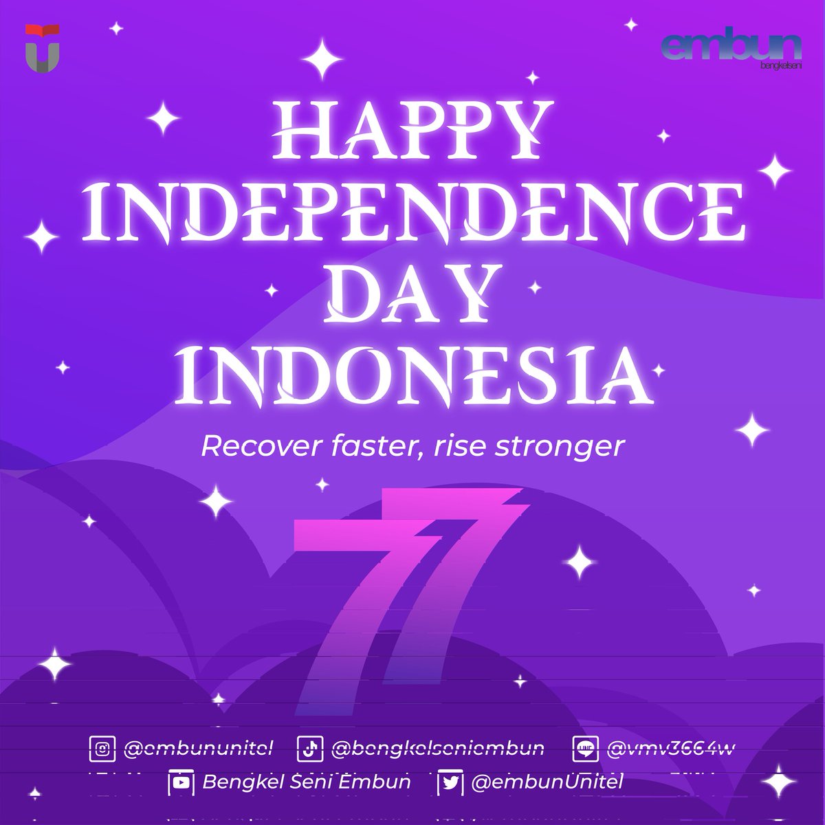 ✨HAPPY INDEPENDENCE DAY✨

Kami segenap Keluarga Besar Bengkel Seni Embun mengucapkan

🇮🇩Dirgahayu Republik Indonesia ke-77🇮🇩
.
.
.
#EmbunUnitel 
#WeAreDifferentAndRespectEachOther 
#HutRI77
#dirgahayuindonesia