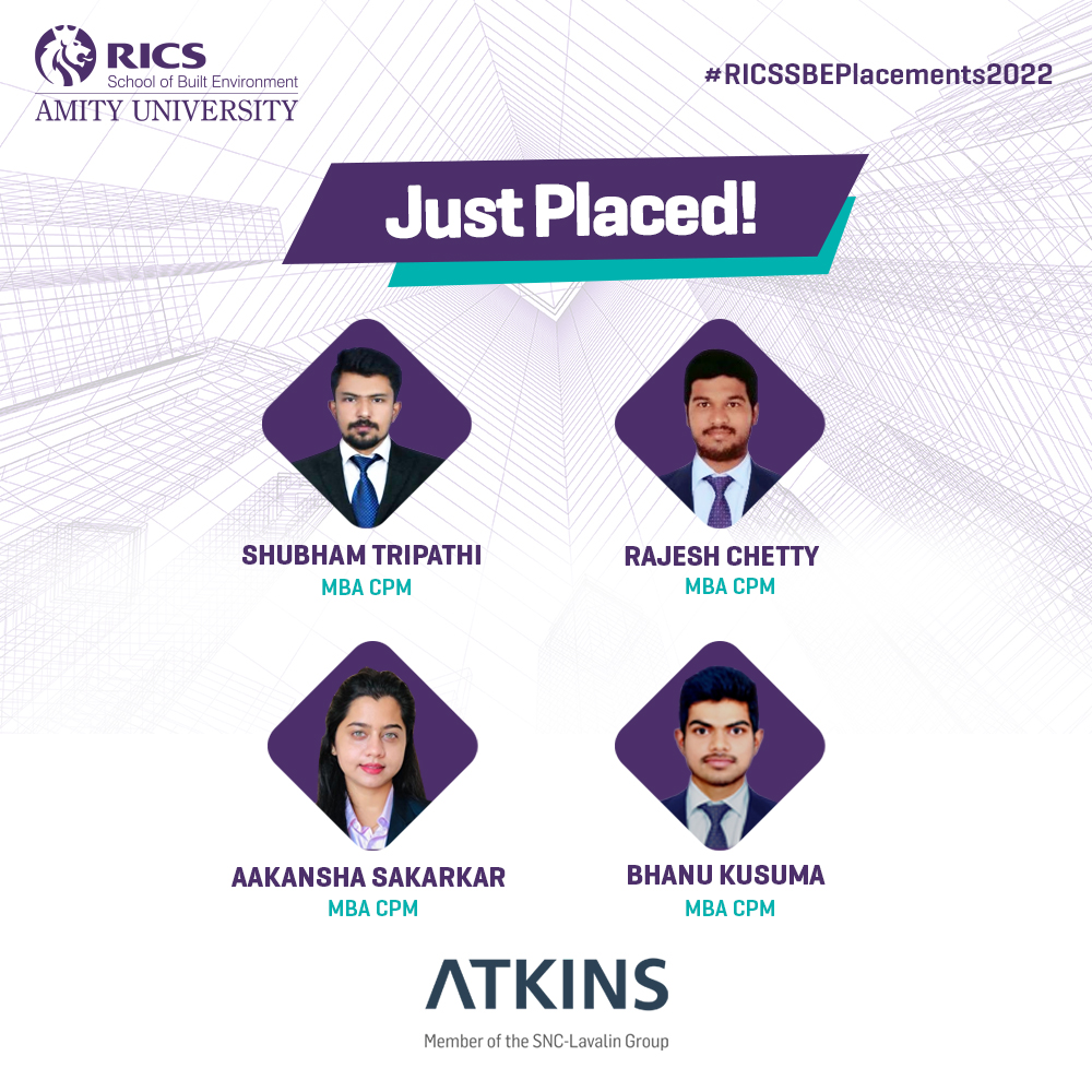 RICS_SBE's tweet photo. Congratulations to Shubham Tripathi, Rajesh Chetty, Bhanu Kusuma and Aakansha Sakarkar on their placements with Atkins.
Apply Now: https://t.co/iNZhNdNeEC
#RICSSBEPlacements2022 #RICSSBE #Economics #StudentsOfRICSSBE #MBA #RICSSBEAmityUniversity #Realestate https://t.co/aZKLeZEfsf