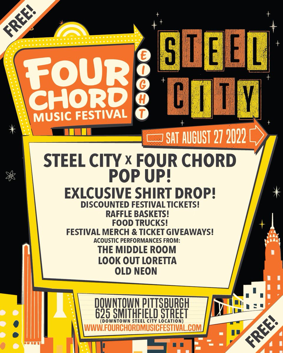 4chordmusicfest's tweet photo. 🤘🤘We have opened up a waitlist for our Pre-fest Pop Up Event on August 27. We are giving away tickets, raffle baskets, will have food trucks, live art, and music from The Middle Room, Look Out Loretta, &amp; Old Neon. It’s FREE! https://t.co/be5qf0Rm1m https://t.co/GhjCZbO9EG