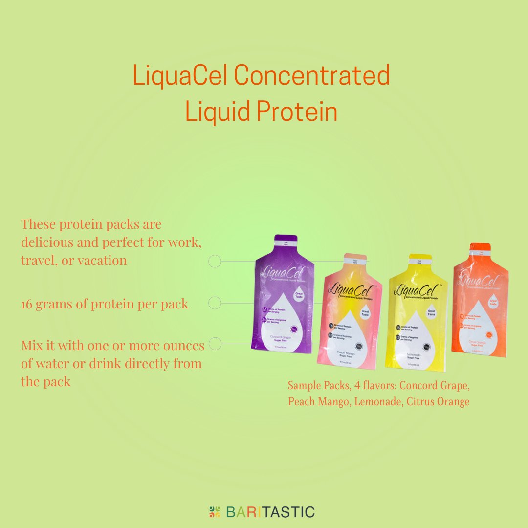 baritastic's tweet photo. These LiquaCel concentrated liquid protein packs are easy to pour out of their packs and can best be described as a liquid gel that many patients drink directly from the pack. Comes in 4 awesome flavors with no chunkiness. Only 90 calories and 9 total carbs per serving. https://t.co/tUh3ew5kh0