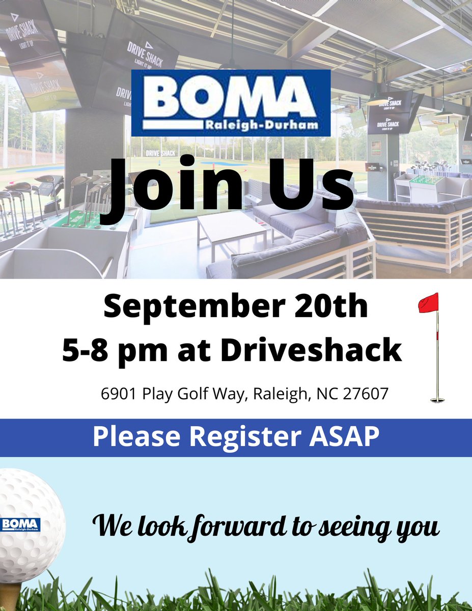 BOMA_rdu's tweet image. We are so excited to get together at Drive Shack Raleigh, on September 20th from 5p-8p for our Member's Fall Appreciation Event!
Join us by registering here - bomaraleighdurham.com/fallevent

#DriveShack #bomardu #bomaraleighdurham #Boma #bomaevents