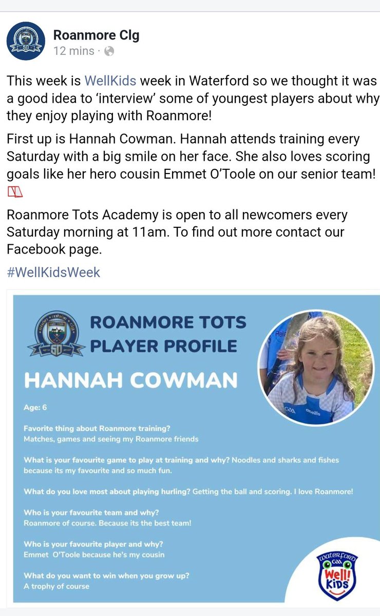 Great to hear from participants! Well done to all in <a href="/roanmoreclg/">Roanmore GAA & Camogie Club</a> for their great work at underage level, starting with their Well!Kids Tots Academy!