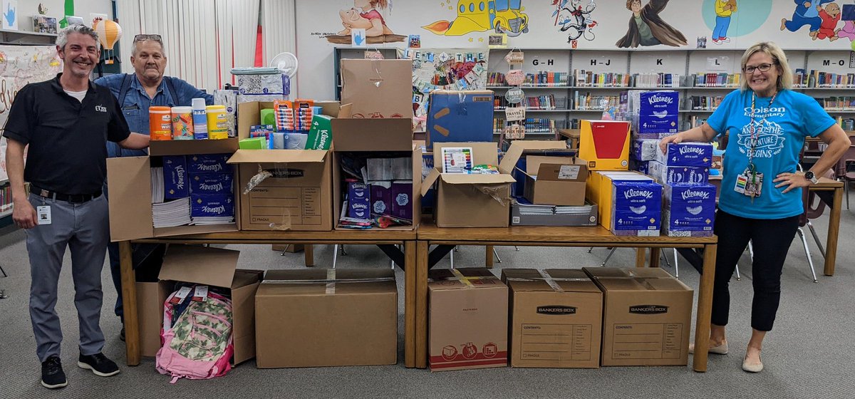 ColsonES's tweet photo. @ColsonES shout out to @TypTapInsurance for their large, school-wide supplies donation! Thank you for supporting our students & teachers! #ColsonPride #TypTapInsurance https://t.co/ruBa7WR83q