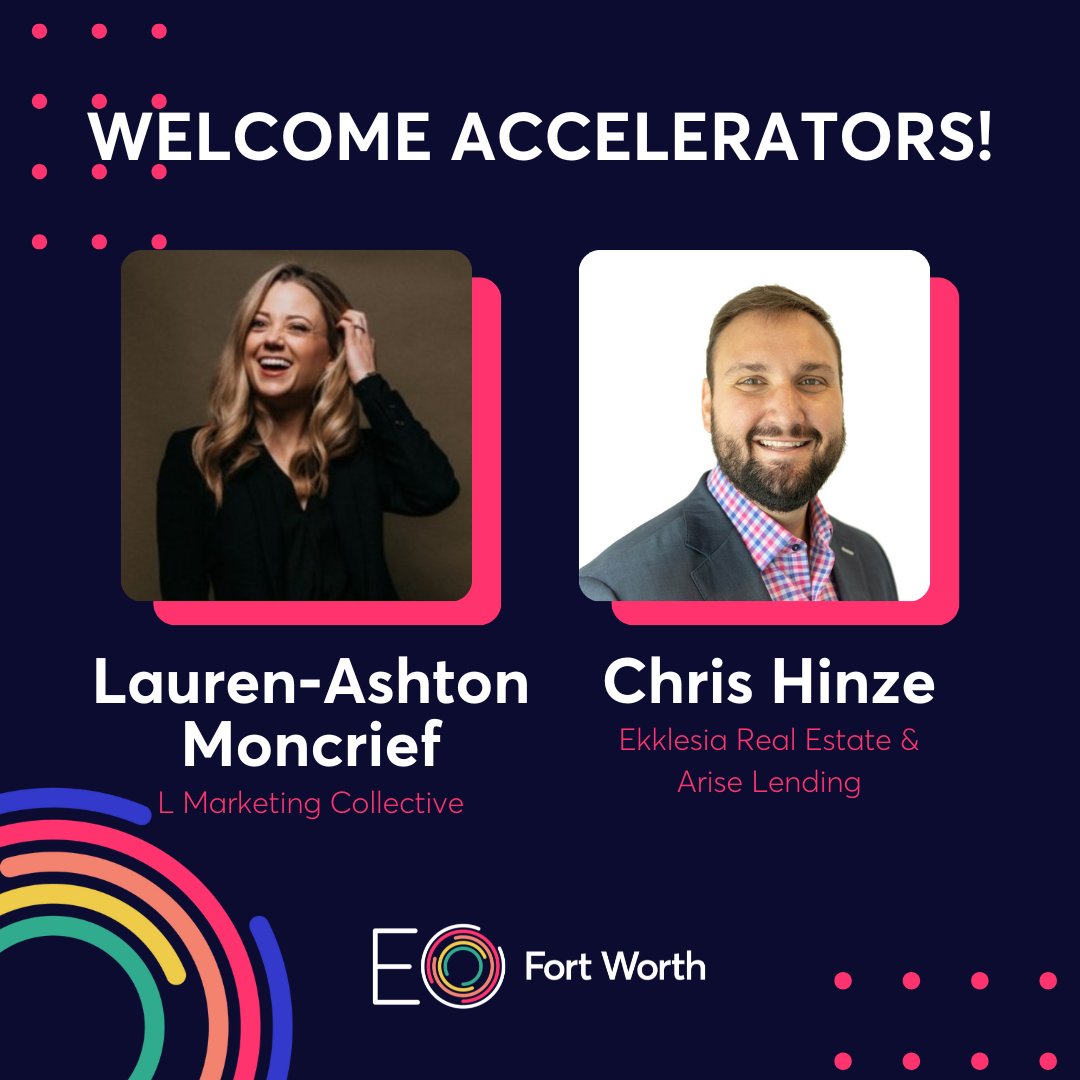 EOFortWorth's tweet photo. Join us in welcoming two new EOFW Accelerators, Lauren-Ashton Moncrief, Co-Founder of L Marketing Collective, and Chris Hinze, Founder and CEO of Ekklesia Real Estate &amp; Arise Lending!

We are thrilled to have these two entrepreneurs in our EOA program.

#eofortworth https://t.co/F3iUm1IgVk