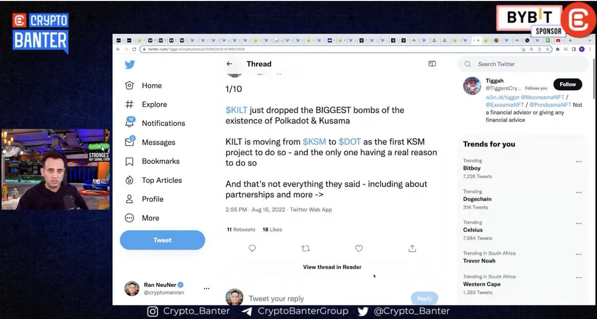 Nice <a href="/Kiltprotocol/">Christina Christie</a> mention by <a href="/cryptomanran/">Ran Neuner</a> on <a href="/crypto_banter/">Crypto Banter</a>.

"KILT is moving to <a href="/Polkadot/">Polkadot</a> because of its proven efficiency.”

Remarks + tweet by @TiggersCrypto at 33:35:
youtube.com/watch?v=0wIE7G…
