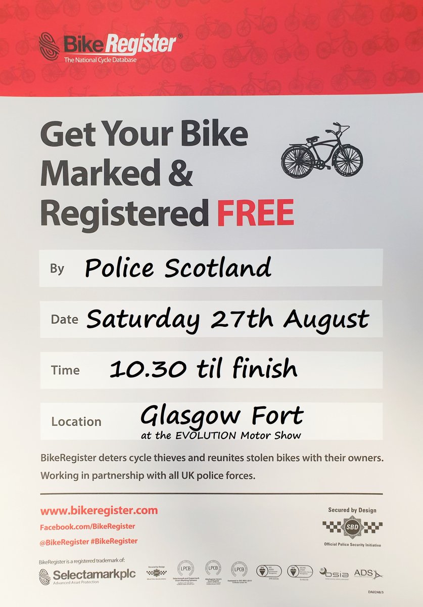 EVOLUTION at <a href="/glasgowfort/">Glasgow Fort</a> are proud to host <a href="/PoliceScotland/">Police Scotland</a> with their <a href="/bikeregister/">BikeRegister</a> scheme. Bring your bike down on 27th August to have it marked and registered free! 

See more here: evolutionshow.co.uk

#DriveElectric