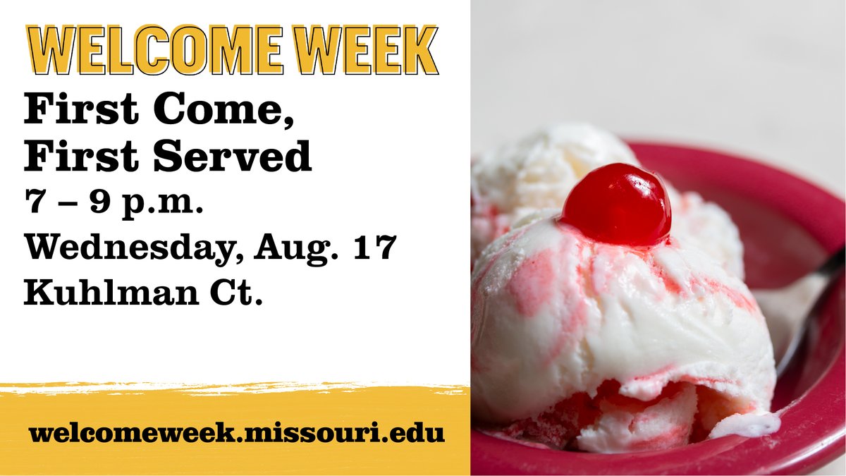 Nothing brings new Tigers together like ice cream 🍦 After all, the ice cream cone is the official state dessert of Missouri! Join fellow Tigers for ice cream and lawn games tonight behind the MU Student Center at Kuhlman Court from 7 - 9 p.m.
