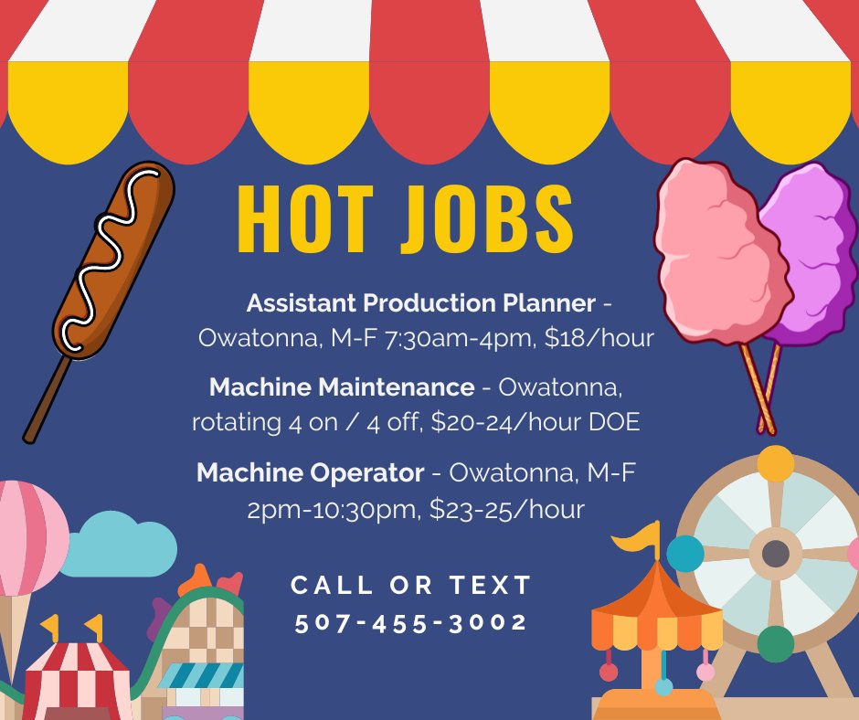 ExpressOwatonn1's tweet photo. Who’s excited for the Steele County Free Fair? We are! 🎡 Check out our top jobs this week: #hiring #scff #fairweek #owatonna https://t.co/ixOnrhHBW2