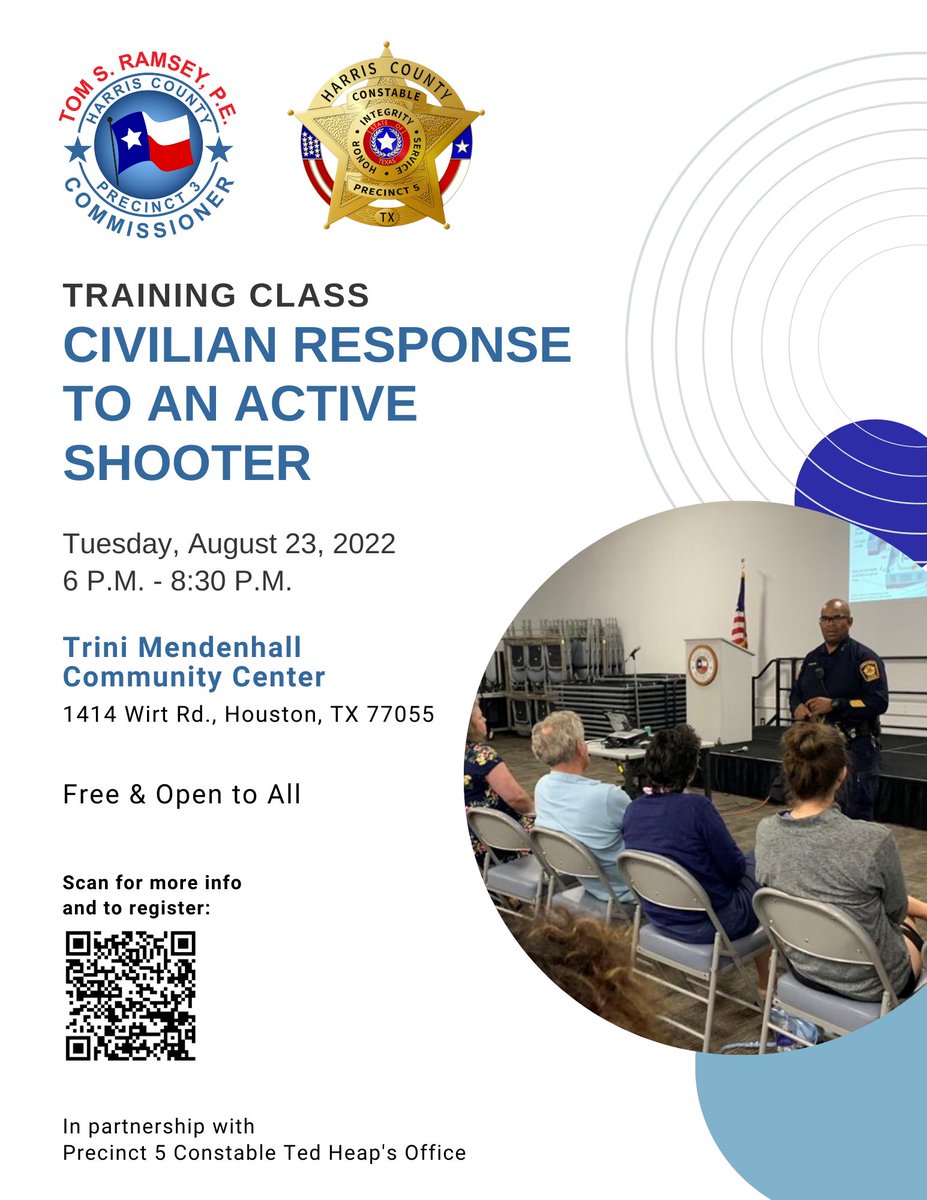 HarrisCoPct3's tweet photo. 🔔CIVILIAN RESPONSE TO ACTIVE SHOOTER TRAINING CLASS
Mark your calendar and reserve your spot, these are FREE and OPEN TO ALL. Precinct 3 is proud to partner with Constable Precinct 5 for 2 Civilian Response to an Active Shooter Event (CRASE).
#Safety #ALERRT #HouNews https://t.co/mJatA9ibJd