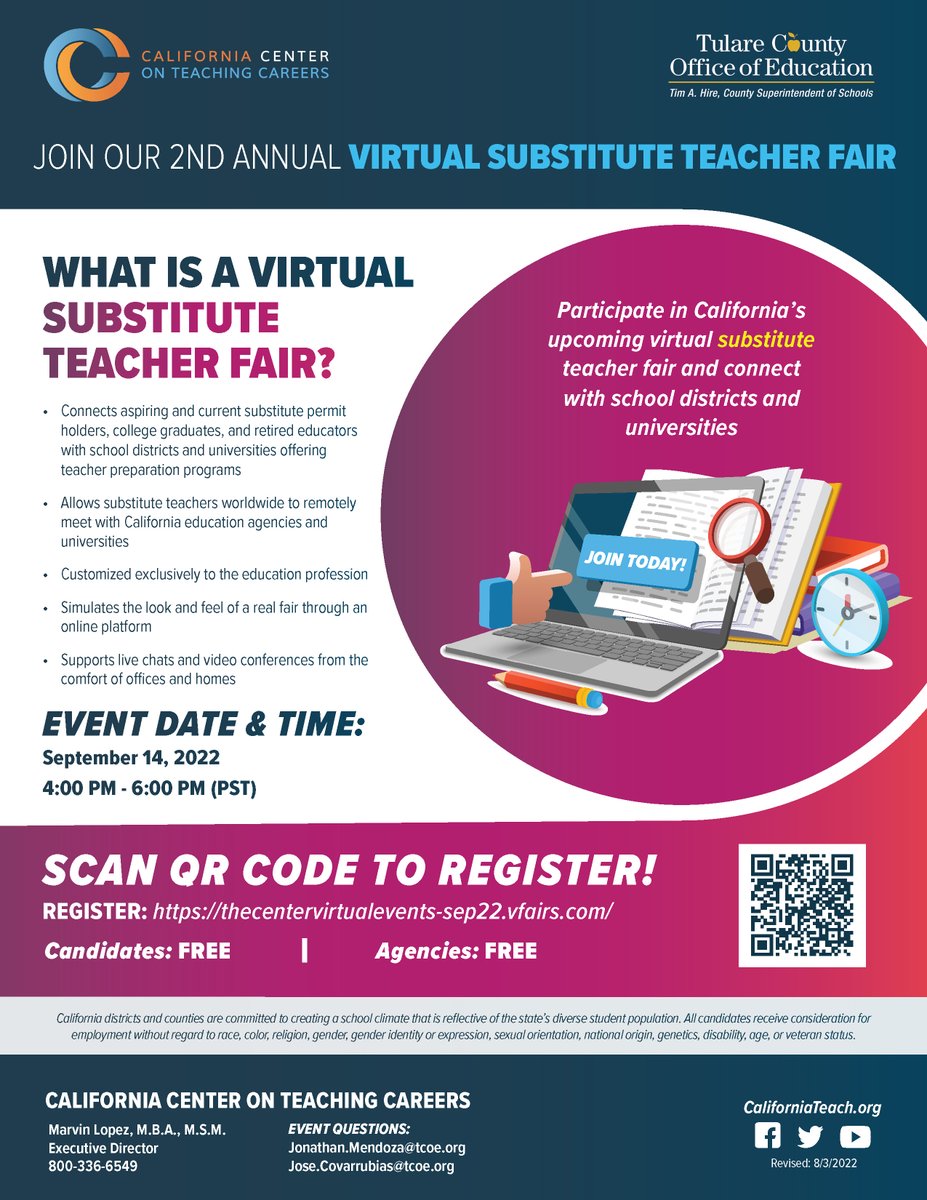 Registration is open for the California Center on Teaching Careers' (The Center) 2nd annual Virtual Substitute Teaching Fair. The free event will be held September 14 from 4:00 p.m. until 6:00 p.m. 

Agencies and job seekers can register at …ecentervirtualevents-sep22.vfairs.com.

<a href="/Cal_Center/">California Center on Teaching Careers</a>