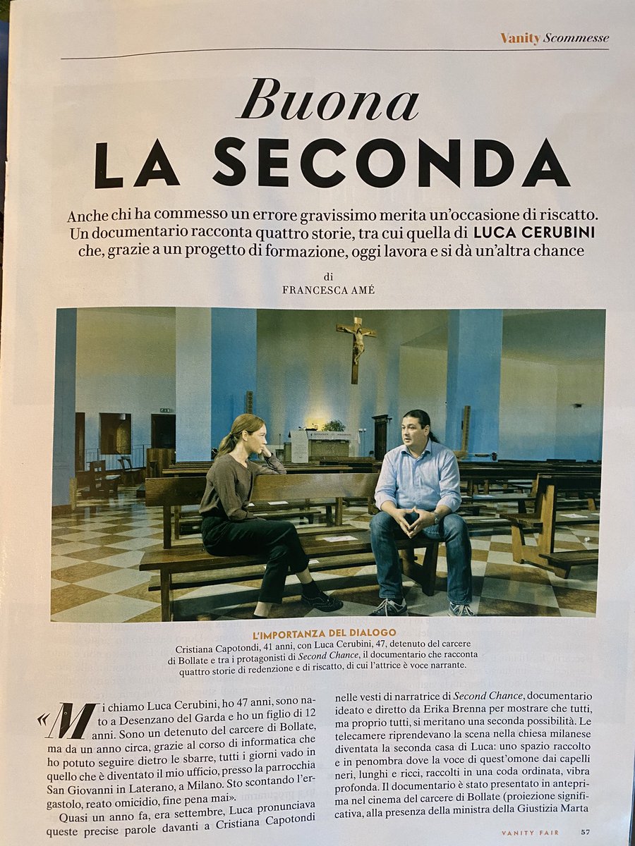 Nel numero in edicola oggi di <a href="/VanityFairIt/">Vanity Fair Italia</a> si racconta la storia di Luca, detenuto nel carcere di #Bollate, uno dei protagonisti del nostro #Secondchance. Il carcere umano è possibile e raccontarlo un privilegio. Grazie <a href="/antonellabussi/">antobussi</a> #cristianacapotondi #DiscoveryPlus #Cisco