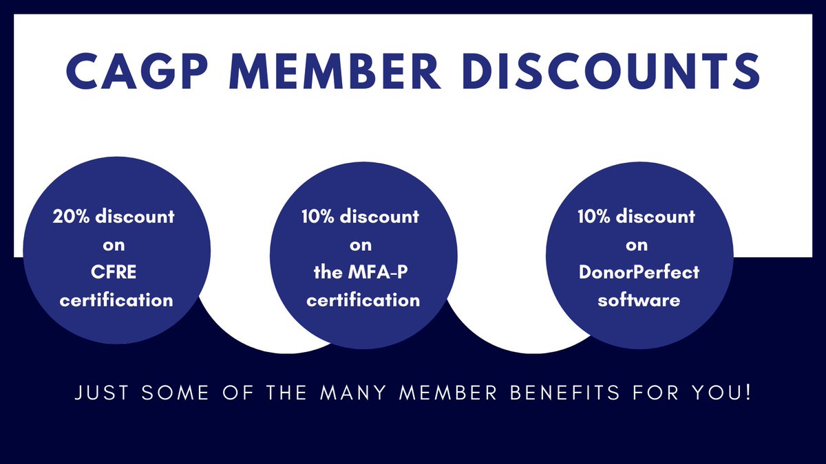 Save money with CAGP! Members get discounts with <a href="/CFRE_INTL/">CFRE International</a>, <a href="/KnowledgeBureau/">Knowledge Bureau</a> (MFA-Philanthropy), <a href="/DonorPerfect/">DonorPerfect</a> software, and more!  Our movement is growing, join us: bit.ly/3Bomqla