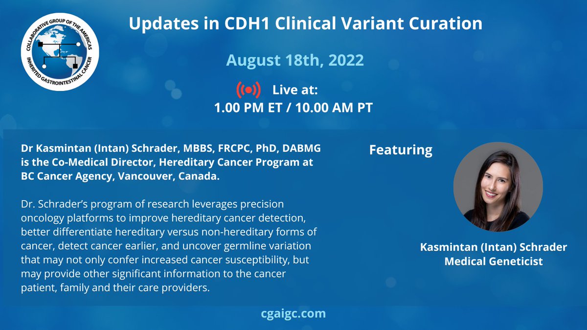 CGAIGC's tweet photo. ‼️Join us on Aug 18 at 1pm ET/10am PT with expert speaker Dr. Intan Schrader‼️ 
👉Register https://t.co/uMELHhrubh

1⃣Understand the recent updates to CDH1 variant classification
2⃣Consideration of the clinical features relevant to CDH1 variant classification 
#HereditaryGICancer https://t.co/L1ldB7dQBF
