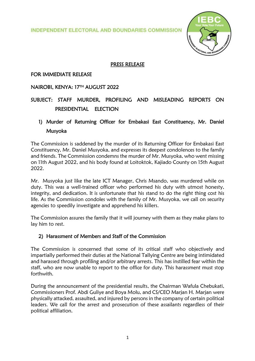 IEBCKenya's tweet image. Press Release - Staff Murder, Profiling and Misleading Reports on Presidential Election
bit.ly/3QxXOxU
#KenyaDecides2022 
#GE2022 
#KenyanElection2022