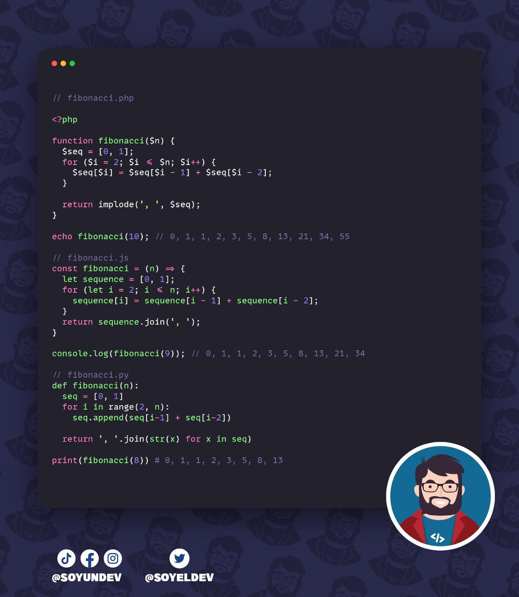 soyeldev's tweet image. ¡Aprendamos sobre la sucesión Fibonacci! 🤓🧮

La sucesión Fibonacci es una secuencia numérica infinita que se forma que inicia con 0, 1 y se forma añadiendo a la secuencia la suma de los dos números anteriores.

Les dejamos el Gist como siempre:

gist.github.com/garaekz/995d2c…
