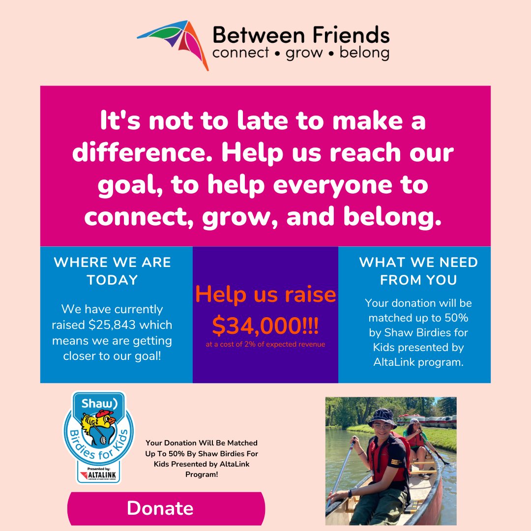 calgarybfc's tweet image. We are in the last few weeks of our Spring Campaign. Help us reach our goal by donating today. Your Donation Will Be Matched Up To 50% By Shaw Birdies For Kids Presented by AltaLink Program!

 betweenfriends.ab.ca/donate/

#BetweenFriends #SpringCampaign #BirdiesForKids #YYC