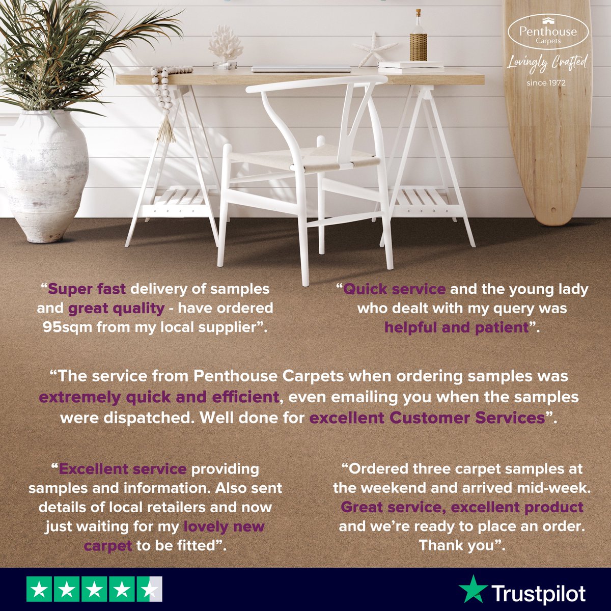Our free samples service has been receiving some very favourable reviews on Trustpilot this week!
You can leave a review of your own here:
uk.trustpilot.com/review/www.pen…
..or order some samples of your own to be delivered directly to your home: penthousecarpets.co.uk/carpet-range/w…