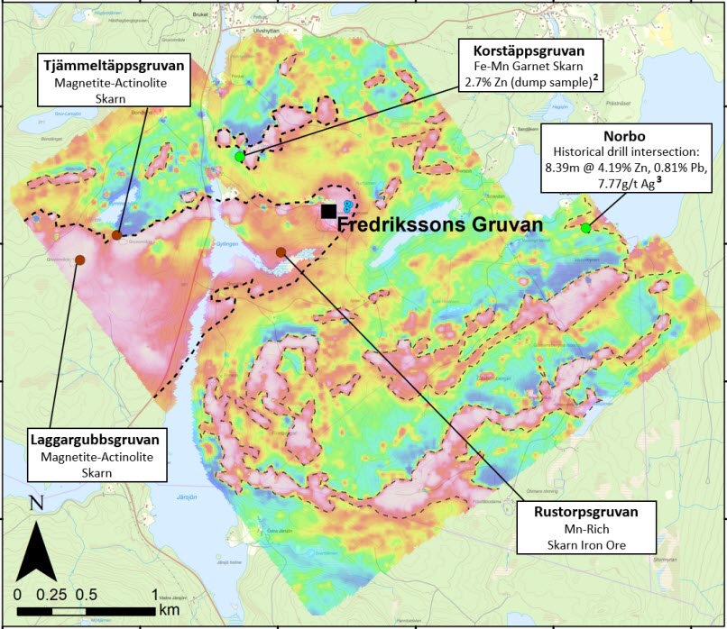 Fredrikssons Gruvan Total Magnetic Intensity (TMI) image with surrounding mineral deposits and prospects. t.ly/kojF 
$NOCR.V | $NOCRF | Frankfurt: 03E | #Zinc #silver #lead
