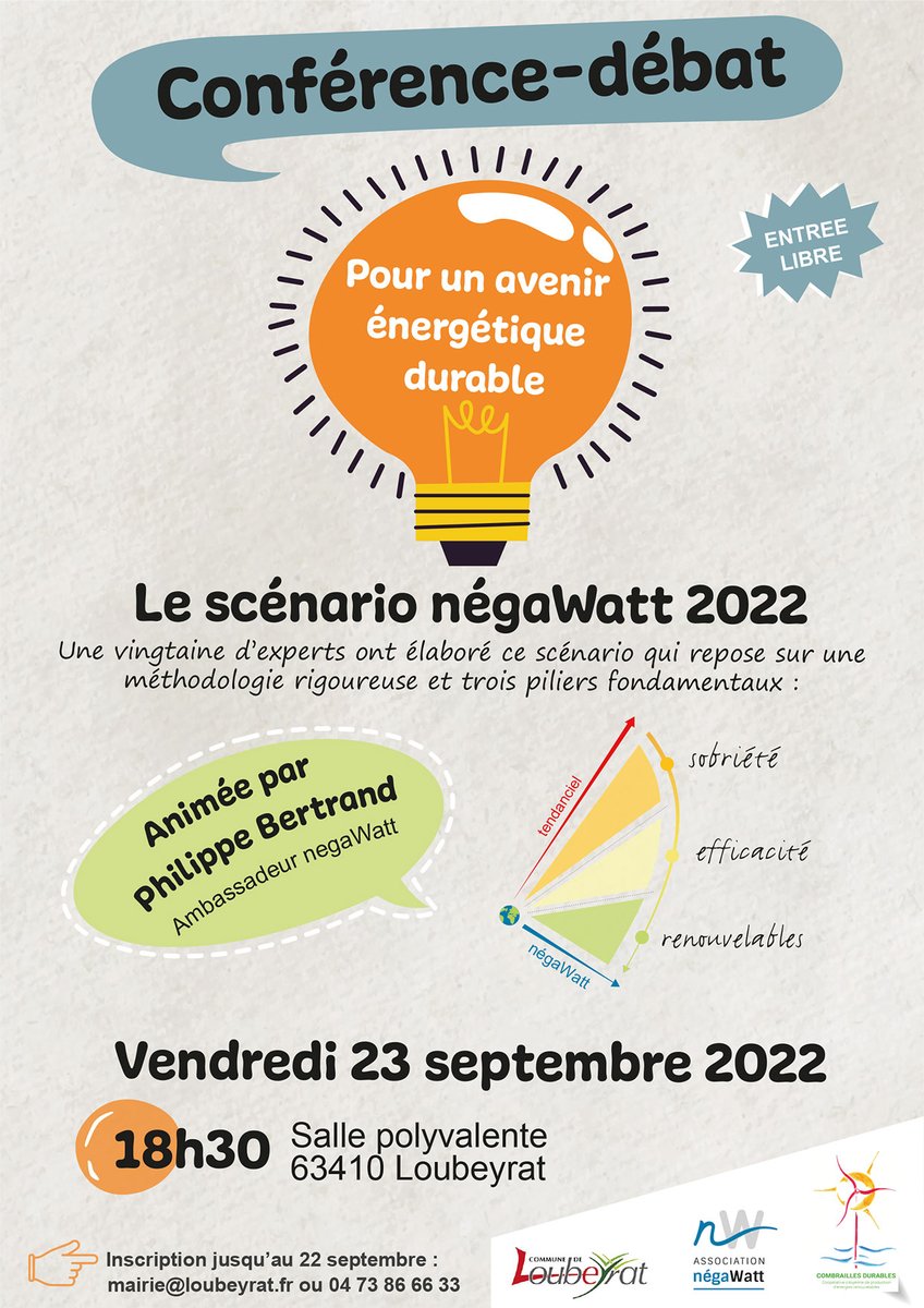 CombraillesD's tweet photo. 🌎A VOS AGENDAS ! Combrailles Durables et la commune de Loubeyrat vous proposent 🙌 UNE RENTRÉE ACTIVE 2022 🙌 en venant participer à la conférence-débat sur le scénario négaWatt 2022 (@nWassociation). Parlez-en autour de vous, on vous attend nombreux !!👉 https://t.co/rkMpUK96yS https://t.co/lats5YOhEy
