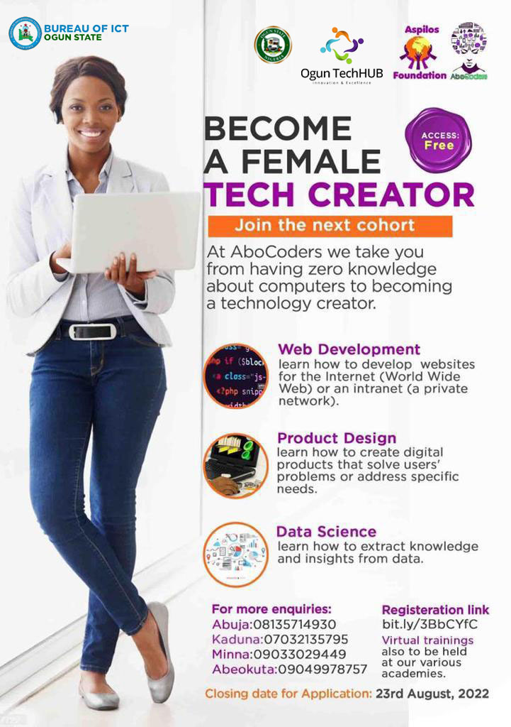 OGSGBIT's tweet photo. Become a Female Tech Creator
Kindly register through the link
https://t.co/YCYO8d96ki

Also follow us @OGSGBIT Twitter, Instagram and Facebook 

#ogsgbit
#OgunTechHub
#ogsg
#abocoders
#Aspilos https://t.co/L7ibCj7lZ5