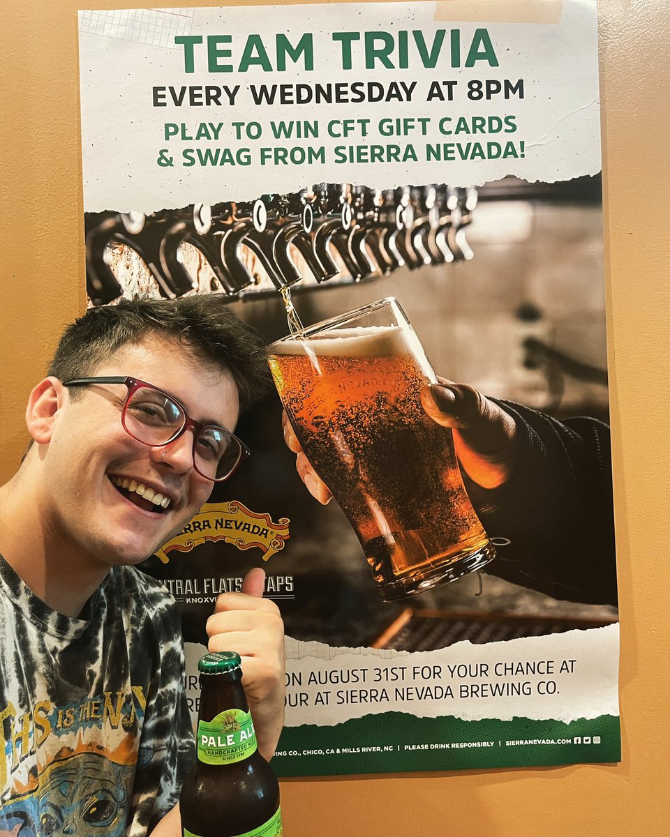 centFlatsNTaps's tweet photo. Happy Wednesday! It’s trivia time! Come play #free #live trivia with us starting at 8pm! @knoxtrivia We have awesome @sierranevada for our winners on top of our CFT gift certificates! See you there! https://t.co/rqnIt0tZ8x